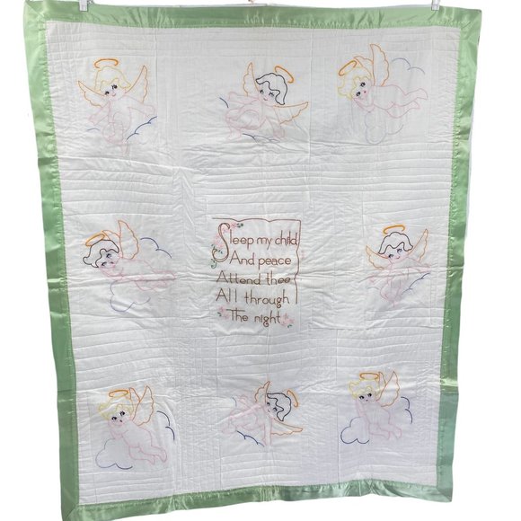 Angel embroidered baby crib quilt blanket unfinished?? satin trim - Picture 1 of 11